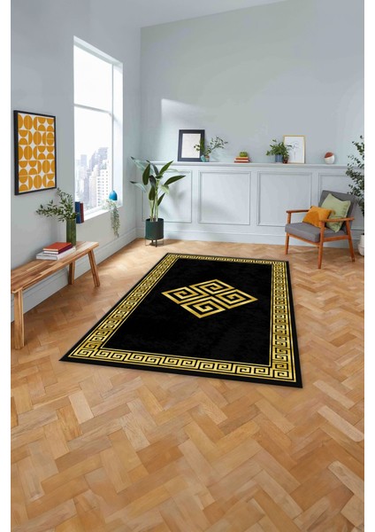 Çerçeveli Vektörel Desenli Yıkanabilir Kaymaz Yolluk Mutfak Salon Halısı, Çerçeveli-82-Antrasit,