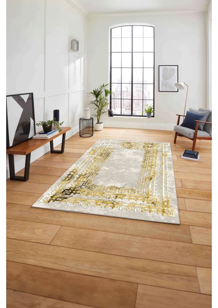Çerçeveli Otantik Desen Yıkanabilir Kaymaz Yolluk Mutfak Salon Halısı, Çerçeveli-76-Gold,
