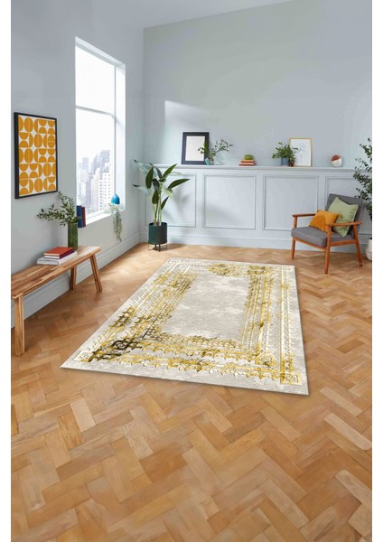 Çerçeveli Otantik Desen Yıkanabilir Kaymaz Yolluk Mutfak Salon Halısı, Çerçeveli-76-Gold, modelleri