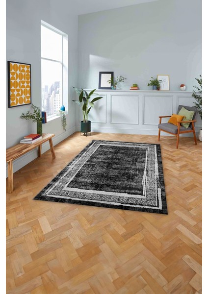 Çerçeveli Otantik Desen Detay Yıkanabilir Kaymaz Yolluk Mutfak Salon Halısı, Çerçeveli-115-Antrasit, modelleri