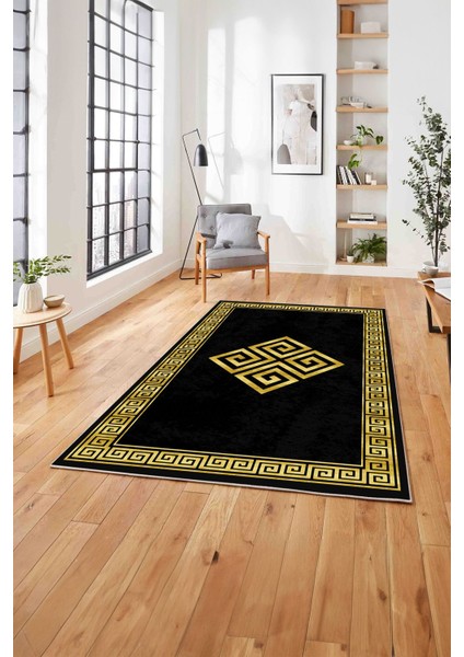 Çerçeveli Vektörel Desenli Yıkanabilir Kaymaz Yolluk Mutfak Salon Halısı, Çerçeveli-82-Antrasit,