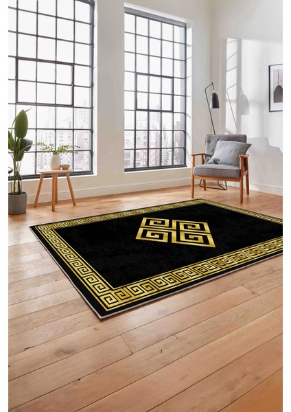 Çerçeveli Vektörel Desenli Yıkanabilir Kaymaz Yolluk Mutfak Salon Halısı, Çerçeveli-82-Antrasit,