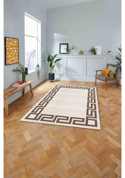Çerçeveli Geometrik Kenar Detay Yıkanabilir Kaymaz Yolluk Mutfak Salon Halısı, Çerçeveli-116-Vizon, modelleri