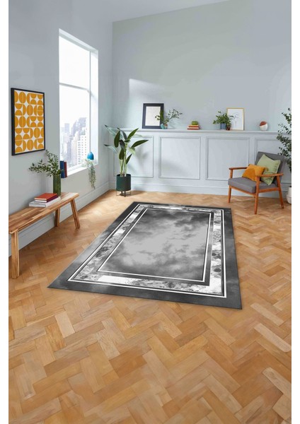 Çerçeveli Modern Dijital Baskılı Yıkanabilir Kaymaz Yolluk Mutfak Salon Halısı, Çerçeveli-117-Gri,