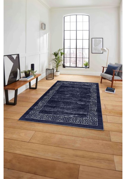 Çerçeveli Klasik Modern Yıkanabilir Kaymaz Yolluk Mutfak Salon Halısı, Çerçeveli-96-Lacivert,