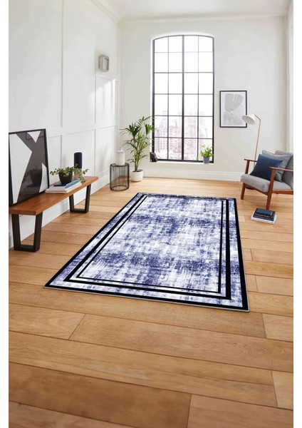 Çerçeveli Sade Modern Baskılı Yıkanabilir Kaymaz Yolluk Mutfak Salon Halısı, Çerçeveli-80-Lacivert,