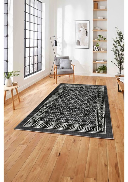 Çerçeveli Dörtgen Detaylı Yıkanabilir Kaymaz Yolluk Mutfak Salon Halısı, Çerçeveli-97-Antrasit, fırsatları