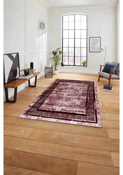 Çerçeveli Otantik Desen Detaylı Yıkanabilir Kaymaz Yolluk Mutfak Salon Halısı, Çerçeveli-115-Bordo,