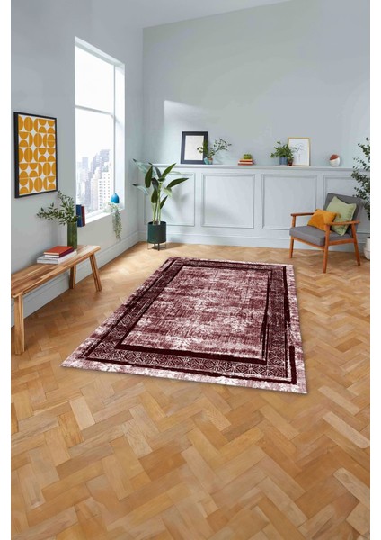 Çerçeveli Otantik Desen Detaylı Yıkanabilir Kaymaz Yolluk Mutfak Salon Halısı, Çerçeveli-115-Bordo,