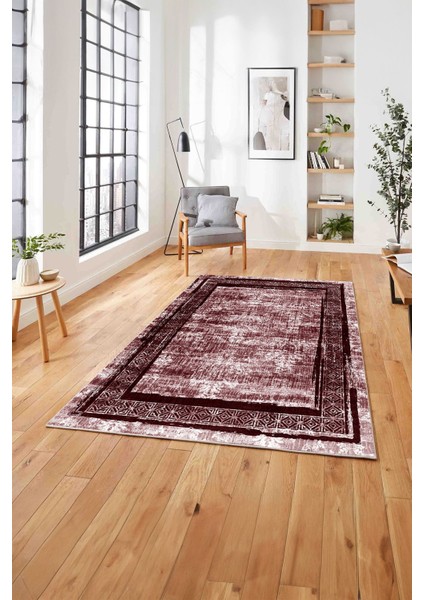 Çerçeveli Otantik Desen Detaylı Yıkanabilir Kaymaz Yolluk Mutfak Salon Halısı, Çerçeveli-115-Bordo,
