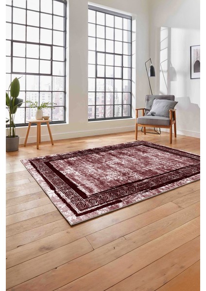 Çerçeveli Otantik Desen Detaylı Yıkanabilir Kaymaz Yolluk Mutfak Salon Halısı, Çerçeveli-115-Bordo,