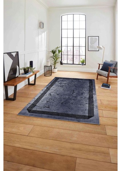 Çerçeveli Sade Mermer Desenli Yıkanabilir Kaymaz Yolluk Mutfak Salon Halısı, Çerçeveli-105-Lacivert,