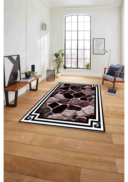 Çerçeveli Mermer Görünümlü Yıkanabilir Kaymaz Yolluk Mutfak Salon Halısı, Çerçeveli-124-Bordo,