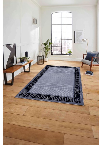 Çerçeveli Çizgi Detaylı Modern Yıkanabilir Kaymaz Yolluk Mutfak Salon Halısı,Çerçeveli-101-Lacivert,