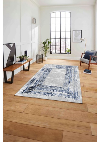 Çerçeveli Otantik Desen Yıkanabilir Kaymaz Yolluk Mutfak Salon Halısı, Çerçeveli-76-Lacivert,