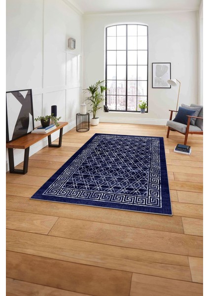 Çerçeveli Dörtgen Detaylı Yıkanabilir Kaymaz Yolluk Mutfak Salon Halısı, Çerçeveli-97-Lacivert,
