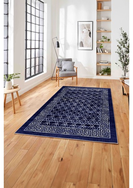 Çerçeveli Dörtgen Detaylı Yıkanabilir Kaymaz Yolluk Mutfak Salon Halısı, Çerçeveli-97-Lacivert, fırsatları