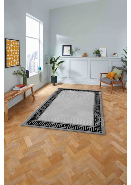 Çerçeveli Çizgi Detaylı Modern Yıkanabilir Kaymaz Yolluk Mutfak Salon Halısı, Çerçeveli-101-Gri,