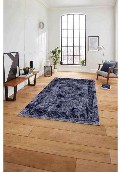 Çerçeveli Gül Detaylı Yıkanabilir Kaymaz Yolluk Mutfak Salon Halısı, Çerçeveli-108-Lacivert,