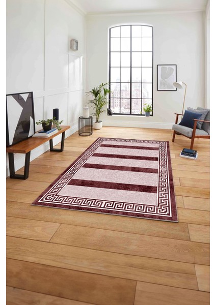 Çerçeveli Düz Çizgi Detaylı Yıkanabilir Kaymaz Yolluk Mutfak Salon Halısı, Çerçeveli-113-Bordo,