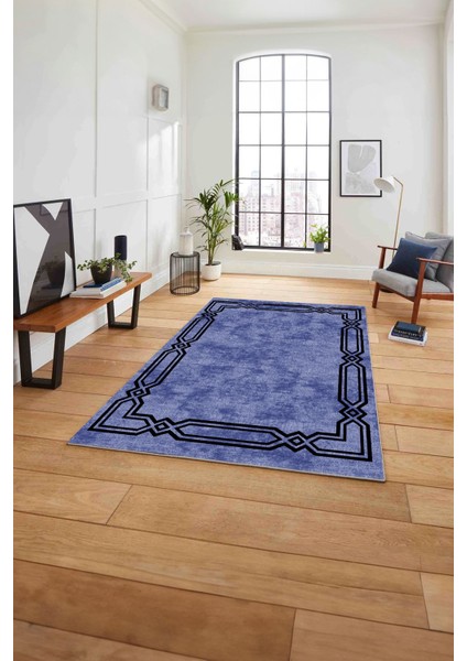 Çerçeveli Kenar Halka Modelli Yıkanabilir Kaymaz Yolluk Mutfak Salon Halısı, Çerçeveli-66-Lacivert,