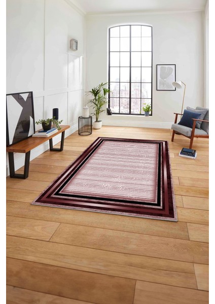 Çerçeveli Modern Çizgi Desenli Yıkanabilir Kaymaz Yolluk Mutfak Salon Halısı, Çerçeveli-120-Bordo,