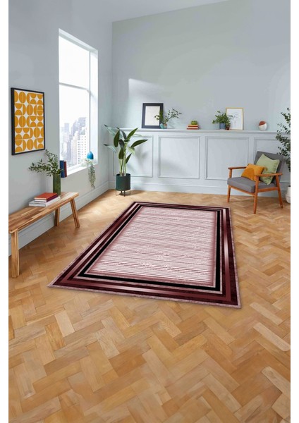 Çerçeveli Modern Çizgi Desenli Yıkanabilir Kaymaz Yolluk Mutfak Salon Halısı, Çerçeveli-120-Bordo, modelleri