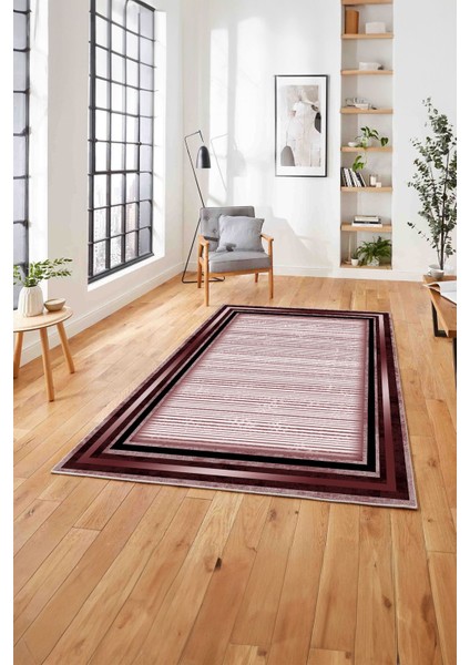 Çerçeveli Modern Çizgi Desenli Yıkanabilir Kaymaz Yolluk Mutfak Salon Halısı, Çerçeveli-120-Bordo, fırsatları