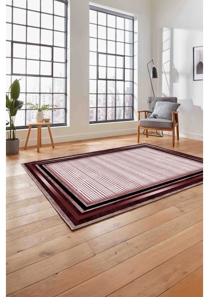 Çerçeveli Modern Çizgi Desenli Yıkanabilir Kaymaz Yolluk Mutfak Salon Halısı, Çerçeveli-120-Bordo, indirimleri