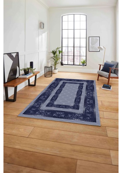Çerçeveli Çiçek Motifli Yıkanabilir Kaymaz Yolluk Mutfak Salon Halısı, Çerçeveli-85-Lacivert,