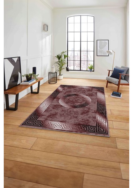Çerçeveli Modern Göbekli Desen Yıkanabilir Kaymaz Yolluk Mutfak Salon Halısı, Çerçeveli-111-Bordo,