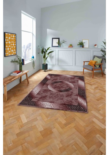 Çerçeveli Modern Göbekli Desen Yıkanabilir Kaymaz Yolluk Mutfak Salon Halısı, Çerçeveli-111-Bordo,