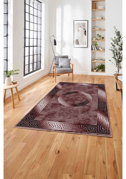 Çerçeveli Modern Göbekli Desen Yıkanabilir Kaymaz Yolluk Mutfak Salon Halısı, Çerçeveli-111-Bordo,