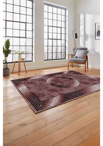 Çerçeveli Modern Göbekli Desen Yıkanabilir Kaymaz Yolluk Mutfak Salon Halısı, Çerçeveli-111-Bordo,