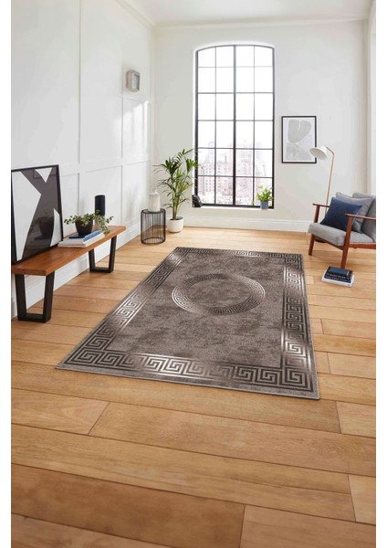 Çerçeveli Modern Göbekli Desen Yıkanabilir Kaymaz Yolluk Mutfak Salon Halısı, Çerçeveli-111-Vizon,