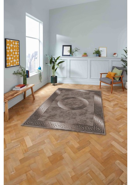 Çerçeveli Modern Göbekli Desen Yıkanabilir Kaymaz Yolluk Mutfak Salon Halısı, Çerçeveli-111-Vizon,