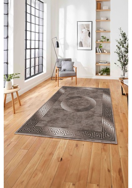 Çerçeveli Modern Göbekli Desen Yıkanabilir Kaymaz Yolluk Mutfak Salon Halısı, Çerçeveli-111-Vizon,