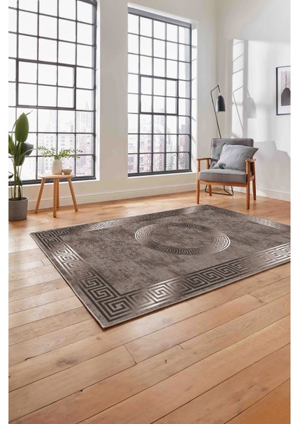 Çerçeveli Modern Göbekli Desen Yıkanabilir Kaymaz Yolluk Mutfak Salon Halısı, Çerçeveli-111-Vizon,