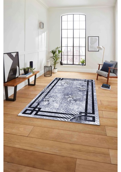 Çerçeveli Çiçek Motifli Yıkanabilir Kaymaz Yolluk Mutfak Salon Halısı, Çerçeveli-122-Lacivert,