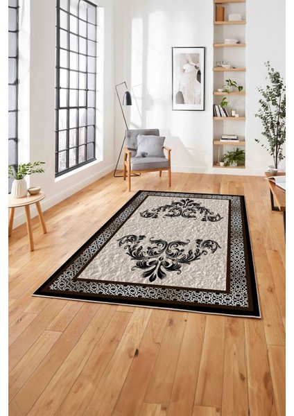 Çerçeveli Akrilik Motifli Yıkanabilir Kaymaz Yolluk Mutfak Salon Halısı, Çerçeveli-83-Kahve,