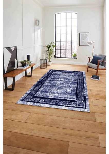 Çerçeveli Otantik Desen Detay Yıkanabilir Kaymaz Yolluk Mutfak Salon Halısı, Çerçeveli-115-Lacivert,