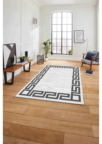 Çerçeveli Geometrik Kenar Detay Yıkanabilir Kaymaz Yolluk Mutfak Salon Halısı, Çerçeveli-116-Gri,