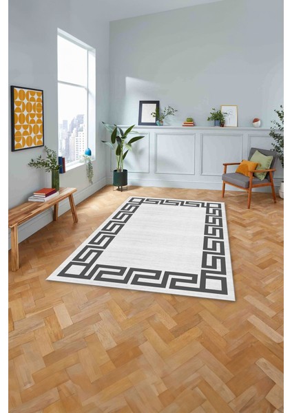 Çerçeveli Geometrik Kenar Detay Yıkanabilir Kaymaz Yolluk Mutfak Salon Halısı, Çerçeveli-116-Gri, modelleri