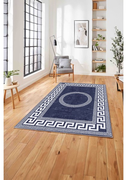 Çerçeveli Vektörel Modelli Sade Yıkanabilir Kaymaz Yolluk Mutfak Salon Halısı,Çerçeveli-90-Lacivert, fırsatları