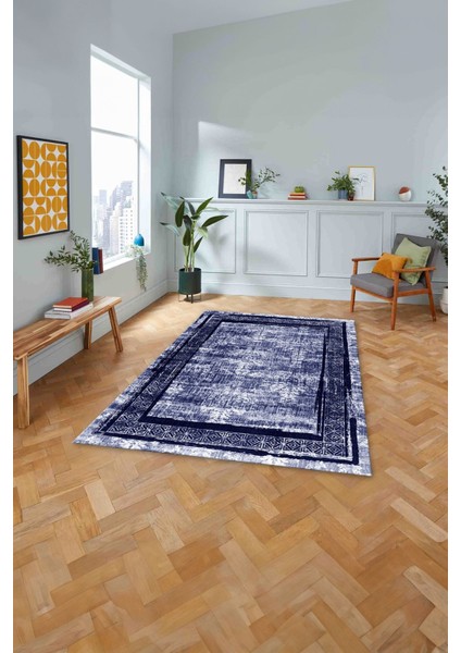 Çerçeveli Otantik Desen Detay Yıkanabilir Kaymaz Yolluk Mutfak Salon Halısı, Çerçeveli-115-Lacivert, modelleri