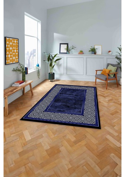 Çerçeveli Klasik Şekil Modern Yıkanabilir Kaymaz Yolluk Mutfak Salon Halısı, Çerçeveli-129-Lacivert, modelleri