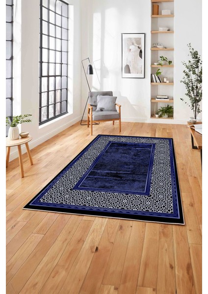 Çerçeveli Klasik Şekil Modern Yıkanabilir Kaymaz Yolluk Mutfak Salon Halısı, Çerçeveli-129-Lacivert, fırsatları