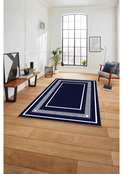 Çerçeveli Kenar Desenli Yıkanabilir Kaymaz Yolluk Mutfak Salon Halısı, Çerçeveli-92-Lacivert,