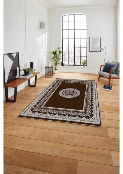 Çerçeveli Göbek Desenli Yıkanabilir Kaymaz Yolluk Mutfak Salon Halısı, Çerçeveli-88-Kahve,