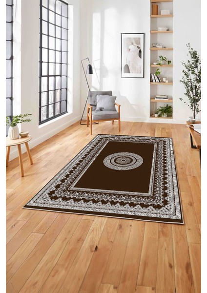 Çerçeveli Göbek Desenli Yıkanabilir Kaymaz Yolluk Mutfak Salon Halısı, Çerçeveli-88-Kahve, fırsatları